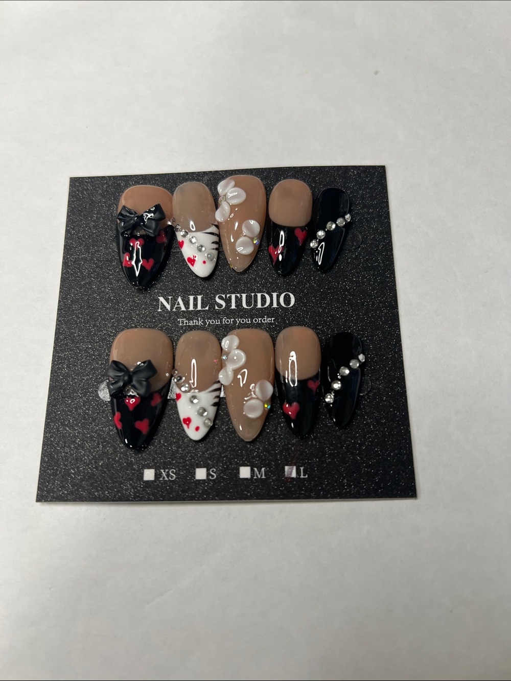 Women's Press-On Nail Set - Black, Nude, White with Red Hearts size L
